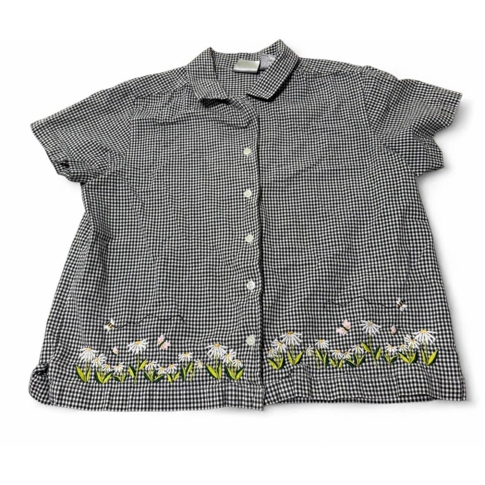 Baxter Wells Petite PM Gingham Shirt Daisy Floral Embroidered Button Front
